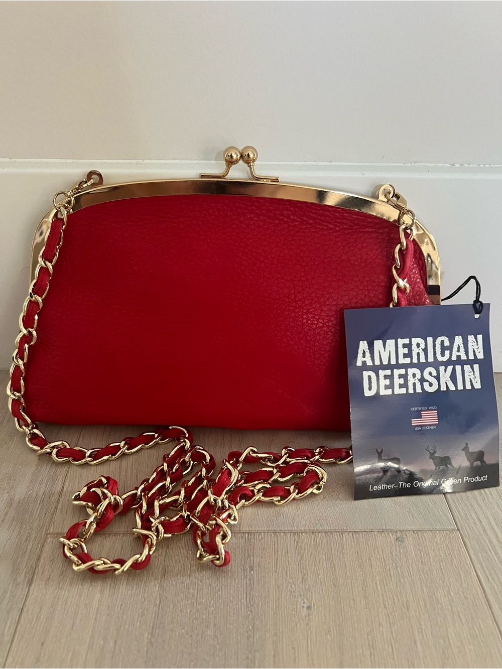 Red Leather Chain-Handle Clutch